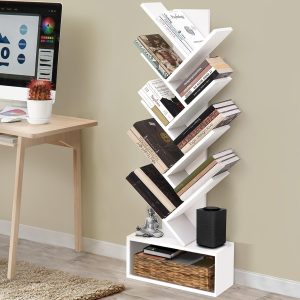 Soami Crafts Book Shelf for Home Library – 9-Tier Tree Shaped Book Rack for Study Room DIY Wooden Book Stand with Bottom Storage Space for Office, Livingroom, Bedroom (White – L 45 x B 17 x H 127 cm)