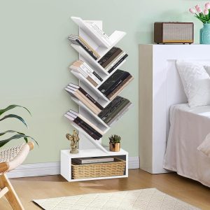 Soami Crafts Book Shelf for Home Library – 9-Tier Tree Shaped Book Rack for Study Room DIY Wooden Book Stand with Bottom Storage Space for Office, Livingroom, Bedroom (White – L 45 x B 17 x H 127 cm)