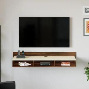 Reynold TV Unit for Living Room with Storage Shelves (Brown Maple & Beige)