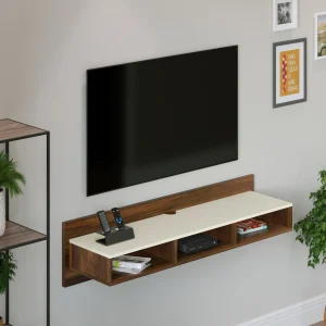 Reynold TV Unit for Living Room with Storage Shelves (Brown Maple & Beige)